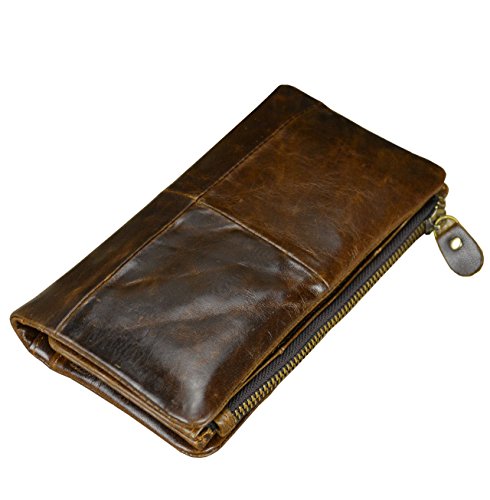 Men's Genuine Leather Bifold Long Wallet With Removable Zip Pocket Snap Phone Clutch