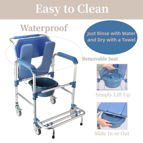 ybaymy 4-in-1 Wheeled Shower Chair, Bathroom Shower Chair with Wheels for Elderly, Waterproof Wheeled Commode Toilet Chair with Removable Bucket, Bedside Commode Chair on Wheels for the Disabled