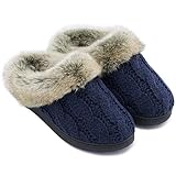 Women's Soft Yarn Cable Knitted Slippers Memory Foam Anti-Skid Sole House Shoes w/Faux Fur Collar, Indoor & Outdoor (5-6,Navy Blue)
