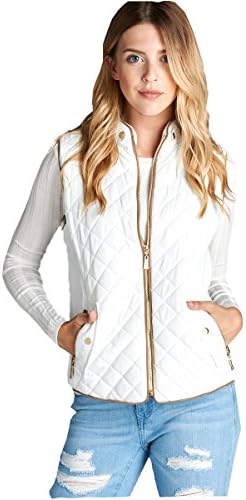 Women's Basic Solid Quilted Padding Jacket Vest Suede Piping Details With Pockets (Medium, Off White)