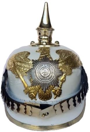 Queen Brass Prussian Leather Helmet - German Officer Pickelhaube Helmet Standard Gold