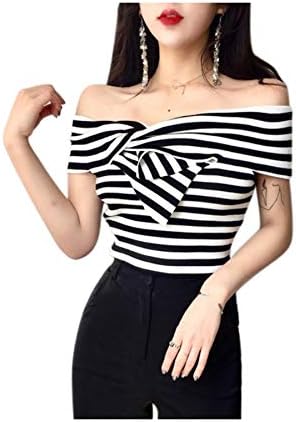 poweimm Chiffon Blouse Off Shoulder Crisscross Front Striped Short Sleeve T-Shirt Women Summer Temperament Slim Slash Neck Tops