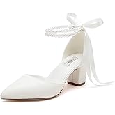 Winflag Pearl Wedding Shoes for Bride Block Heel Bridal Shoes Pointed Toe Wedding Heels