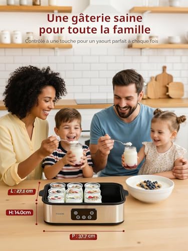 FOHERE Yogurt Maker, 12 Jars, 180 ml, 25 W Homemade Yogurt Machine, Programmable, LCD Display, Stainless Steel Body, BPA-Free, Dishwasher Safe, Automatic Shut-Off