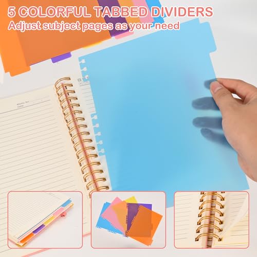 FREBLASO 5 Subject Notebook with Removable Dividers Tabs, 300 Pages Leather Hardcover Spiral Notebook College Ruled, 8"x10" Large B5 Notebooks for Work School, Lined Journal for Women, Pink