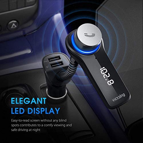 VicTsing Bluetooth FM Transmitter for Car, Wireless in-Car Radio Adapter, Music MP3 Player Car Kit with Power Off, Stereo Sound, Hands-Free Calls and 2 USB Ports Support USB Flash Drive