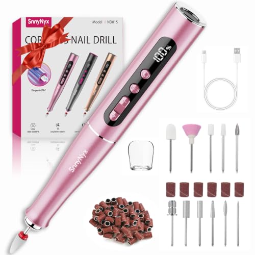 SnnyNyx Cordless Electric Nail Drill 35000 RPM, Professional Portable Nail File for Acrylic Nails & Gel Polish Removal, Low Vibration & Heat E-file with 11 Drill Bits, Salon-Quality Manicure Pedicure Kit (Rose Pink）
