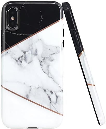 JAHOLAN Black Geometric White Marble Design Black Bumper Glossy TPU Soft Rubber Silicone Cover Phone Case Compatible with iPhone Xs (2018) / iPhone X (2017)