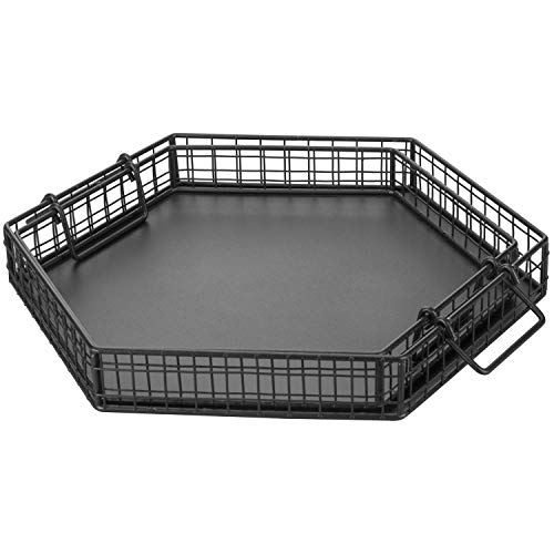 MyGift Matte Black Serving Tray with Handles, HexagonShaped Metal Wire