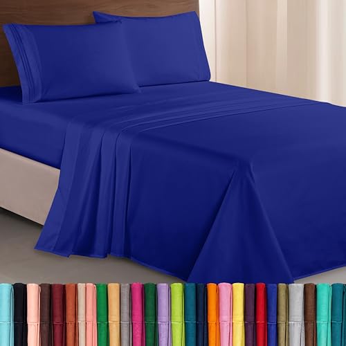 Elegant Comfort Luxurious 1500 Premium Hotel Quality Microfiber Three Line Embroidered Softest 4-Piece Bed Sheet Set, Wrinkle and Fade Resistant, Full, Royal Blue