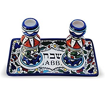 Bethlehem Gifts TM Colorful Ceramic Candle Holders with Matching Plate for Shabbat and Holidays Jerusalem Pottery by Lion of Judah Market.