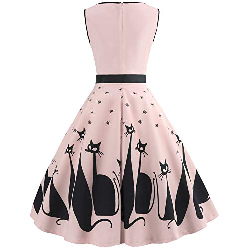 UONQD 2019d Women Cat Printed V Neck Sleeveless Evening Party Swing Retro Dress (Medium,Pink) - Thumbnail 2