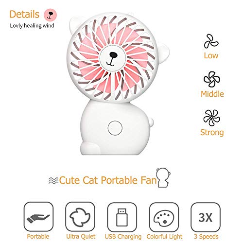 FULLOSUN Portable Handheld Fan, Mini Desktop Personal Fan with USB Rechargeable Battery Operated Built-in Color Light, Summer Accessory for Office Household Outdoor Sport Traveling Camping