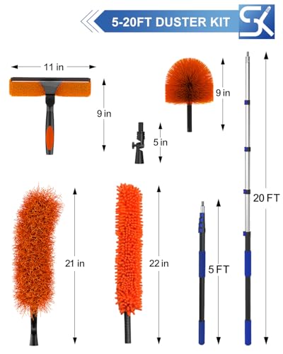 SKGPOLE 26 Foot High Reach Duster Kit with 5-19 ft Telescoping Extension Pole, High Ceiling Duster, Cobweb Duster, Window Squeegee, Feather Duster, Outdoor & Indoor Extendable Duster Cleaning Kit