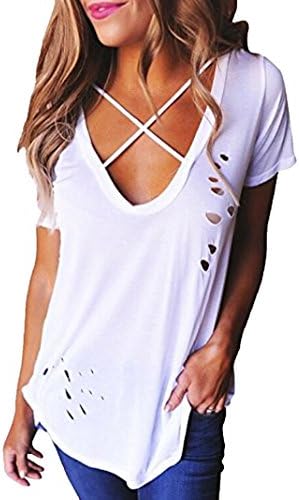 Fshop365 Women's Criss Cross Front Short Sleeve T Shirts Blouses Tops White XXL
