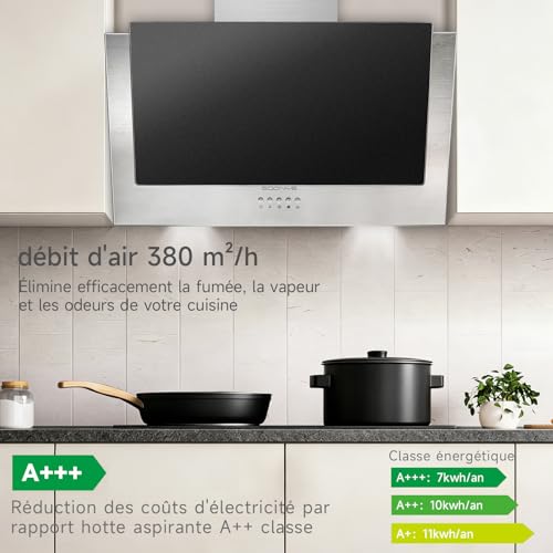 Soonye Inclined Extractor Hood 60 cm Class A+++, Kitchen Hood 370m³/h, Black Frosted Glass, Charcoal Filters Included, Wall Hood for Evacuation or Recycling