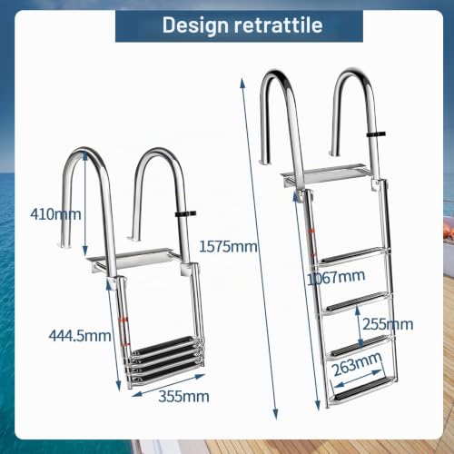 Geloo Pool Ladder for Swimming Pool Boats 4 Bathing Steps | Pool Deck Boat Yacht Load Capacity 200 kg with Non-Slip Steps with Handrail