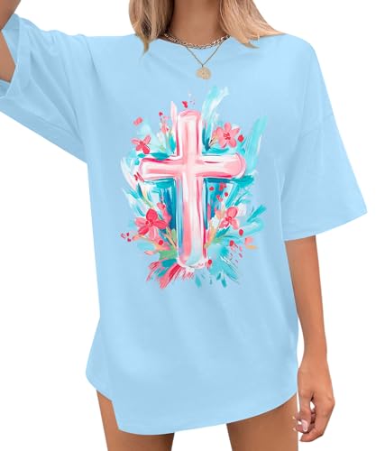 Faith Cross Shirt for Women Oversized Christian T Shirts Religious Tee Jesus Floral Graphic Short Sleeve Top Blue-a at Amazon