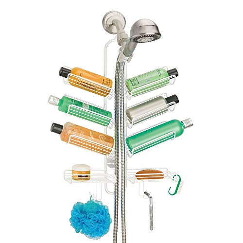mDesign Metal Wire Bathroom Tub & Shower Caddy, Hanging Storage Organizer - Built-in Hooks and 8 Shelves for Bathroom Shower Stalls, Tubs - Open Center Design for Hand Held Shower Heads - White