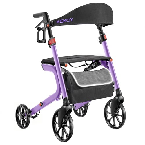 Kekoy K2 Andador para ancianos con asiento plegable de aluminio, regulable en altura, 181 kg de carga, andadores adultos con cojín de asiento de 44 cm, respaldo y bolsa de almacenaje, morado