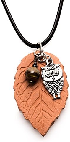 Essential Oil Diffuser Necklace - Aromatherapy Terracotta Jewelry with Leaf Pendant owl Charm and Tiger Eye Gemstone