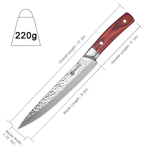 Carving Knife 8 Inch, PAUDIN Narrow Chef Knife of Slicing Sashimi, Meat, Sharp Kitchen Knife, 7Cr HC German Stainless Steel with Hammered Pattern