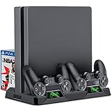 HUIMEOW PS4 Controller Charger Cooling Fan 3 in 1, Vertical Stand for Playstation 4 / PS4 / PS4 Pro / PS4 Slim, PS4 Charging Station with 16PCS Games Storage, PS4 Controller Charging Station