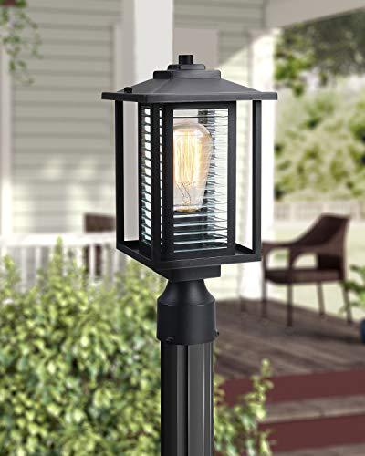 JAZAVA Outdoor Post Light Fixture One-Light, Exterior Post Lantern LED Street Light for Patio with 3-Inch Pier Mount Base, Black Finish with Ribbed Glass - Thumbnail 2