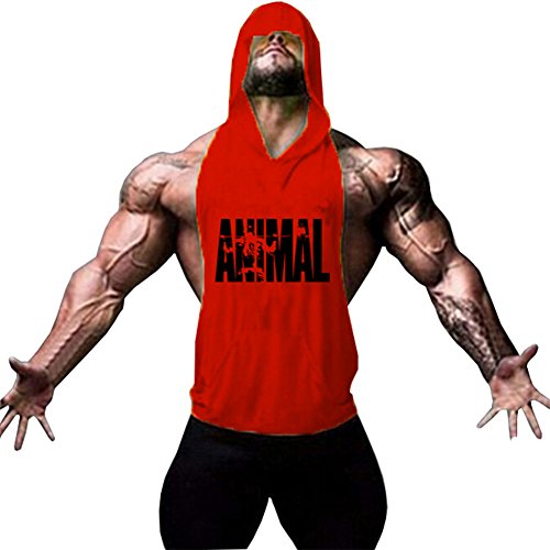 Men's Bodybuilding Hoodie Shirts Stringer Tank Top Muscle Sleeveless Gym Vest (Red, XXL)