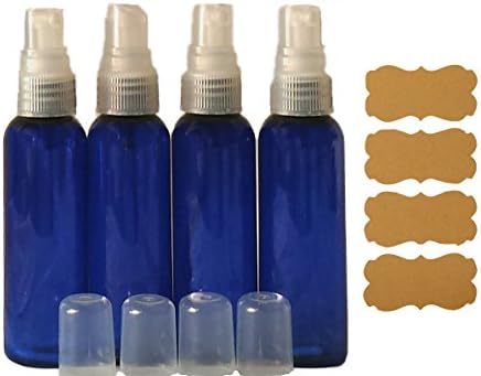2oz Blue Plastic Bottles Fine Mist Sprayer Atomizer Caps w/Kraft Labels 4/pk Leak Proof for DIY Aromatherapy Fragrance Personal Care Travel