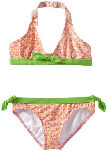 KC Parker Big Girls'  Printed Two Piece Halter Top Bathing Suit, Orange, 16