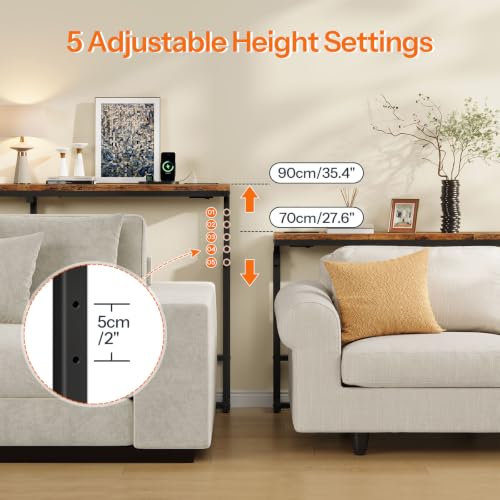 HOOBRO 160 cm Slim Console Table with Charging Station, Height Adjustable | Behind Sofa Table with Power Outlet, Long Hallway Table for Entryway, Living Room, Rustic Brown and Black EBF167KXG01