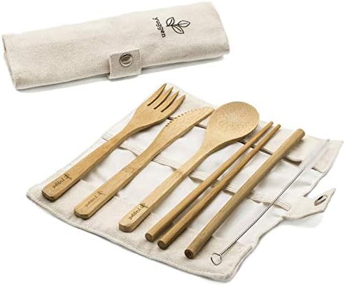 Reusable Bamboo Cutlery/Utensils Travel Set with Straw, Spoon, Fork, Knife, Chopsticks & Cleaner with Case/Holder | Zero-waste | Lightweight Portable Eco-friendly Gift Kit for Lunches Camping School