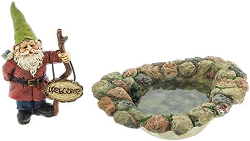 Bundle of 2 Marshall Home Fairy Garden Figurines - Gnome with Welcome Sign &amp; Pond