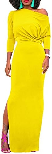 Women's Sexy One Shoulder Pullover Split Slim Bodycon Evening Maxi Long Dress Yellow
