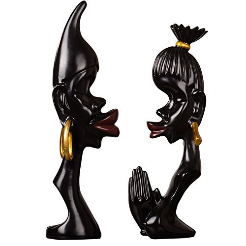 Olpchee 2Pcs Resin Abstract African Couple Head Sculpture Statue Collectible Decor Art Statues for Home Office Black - Thumbnail 7
