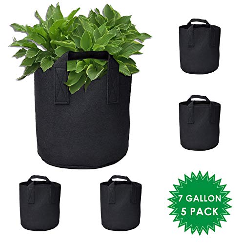 Grow Bags with Handles | 5-Pack 7 Gallon Garden Bags – Perfect Smart Aeration Non-woven Fabric Pots for Growing Healthy Plants: Potatoes, Tomatoes, Onions, Strawberries and Other Vegetables and Fruits