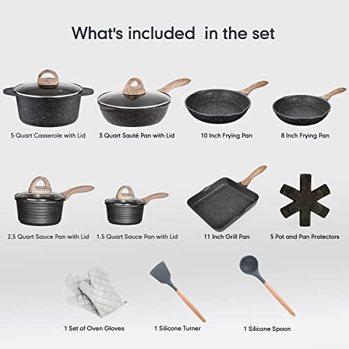 JEETEE Pots and Pans Set Nonstick 20PCS, Granite Coating Induction