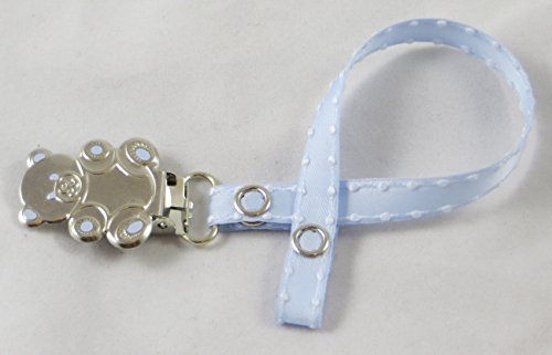 Littleclip (Tm) Girl Boy Teddy Bear Pacifier Holder Clip Blue Satin Dressy, Great for Nuk Avent.. (Light Blue)