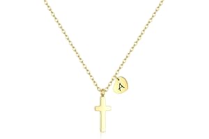 AILAAILA Tiny Cross Necklace for Girls | Heart Initial Necklace Women| Heart Birthstone Necklace | Letter Stainless Steel Pendant Jewelry First Communion Baptism Gifts Christmas Birthday Gifts