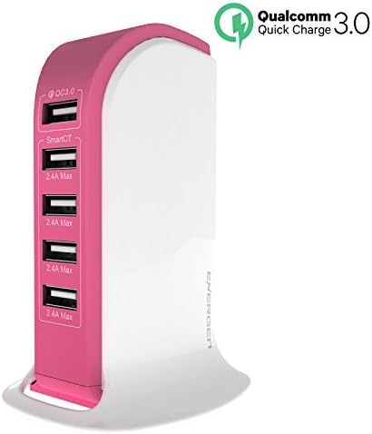 Energen QC 3.0 12.1A 66W 5-Port USB Desktop Charging Station, Qualcomm Quick Charge 3.0 USB Charger for iPhone, iPhone Plus, iPad, Smartphone and other USB Devices (5 Port - Pink)