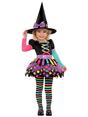 Amscan - Kinderkostüm Bunte Hexe, Kleid, Hexenhut, Strumpfhose, Witch, Zauberer, Mottoparty, Karneval, Halloween, Schwarz, 3 bis 4 Jahre