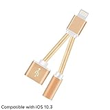 Portable iPhone 7 Audio and Lightning Charger Adapter, Braided Lightning to 3.5mm Headphone Adapter Splitter + Lightning Charger Port iOS 10.3 Compatible for iPhone 7 / 7 Plus (Gold)