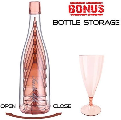 Unbreakable Plastic Wine Glasses with Cute Bottle Storage (Set of 5) Pink, Shatterproof Cups with Removable Stemmed Bottoms | Party, Hosting, and Home Kitchen | Reusable
