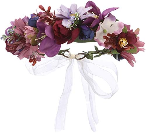 Folora Adjustable Flower Headband Hair Wreath Floral Garland Crown Headpiece with Ribbon for Wedding Ceremony Party Festival