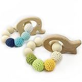 2pc Baby Teether Natural wood Teething Ring Nursing Crochet Beads Wooden Fish Elephant Rattle toy organic Baby toys