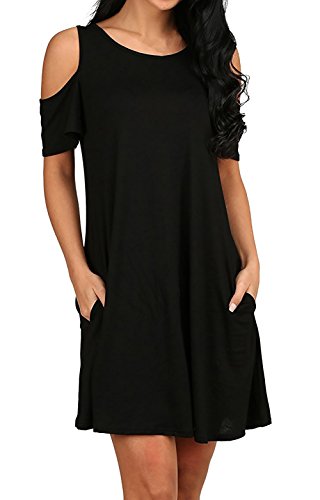 Yidarton Women's Summer Cotton Cold Shoulder Tunic Tops Casual T-Shirt Dress (Large, Black)