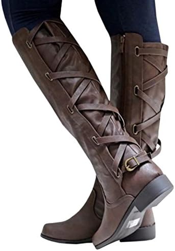 Womens Riding Boot Winter Knee High Lace Up Faux Leather Criss Cross Strap Buckle Shoes