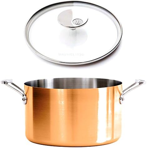 Mauviel M1830 - M'150s Copper and Stainless Steel Lined Stock Pot with Clear Lid, cast stainless steel handles, 11.7qt