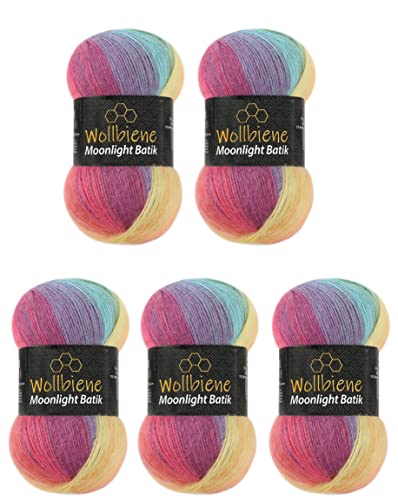 Wollbiene Moonlight Batik - Lot de 5 pelotes de laine à tricoter de 100 g - 500 g - 20% laine turque - Dégradé de couleur (3000 arc-en-ciel pastel)